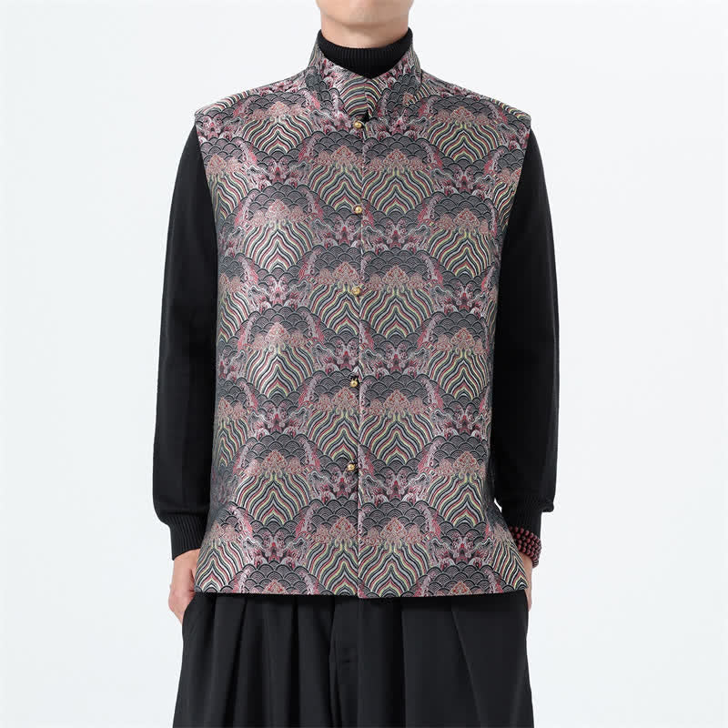 Buddha Stones Elegantes Tanktop im Herbst-Stil mit Stehkragen, Meereswellen- und Blumenmuster, Herrenweste - image 1