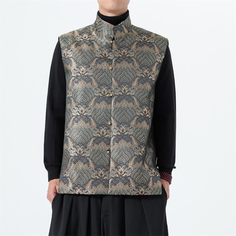 Buddha Stones Elegantes Tanktop im Herbst-Stil mit Stehkragen, Meereswellen- und Blumenmuster, Herrenweste - Dunkelolivgrün - US/UK/AU46, EU56 (5XL) - image 20