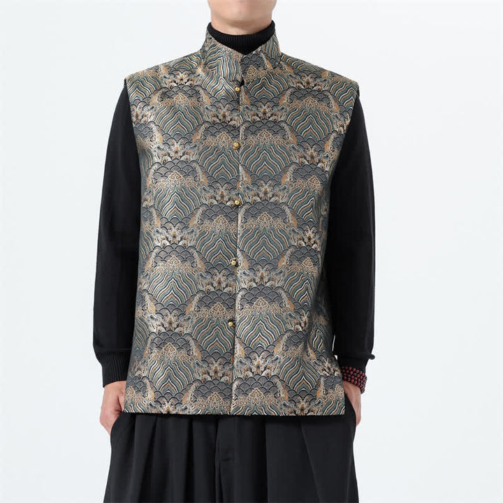 Buddha Stones Elegantes Tanktop im Herbst-Stil mit Stehkragen, Meereswellen- und Blumenmuster, Herrenweste - Dunkelolivgrün - US/UK/AU46, EU56 (5XL) - image 20