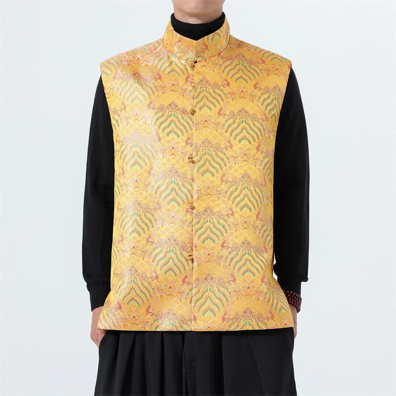 Buddha Stones Elegantes Tanktop im Herbst-Stil mit Stehkragen, Meereswellen- und Blumenmuster, Herrenweste - Gold - US/UK/AU46, EU56 (5XL) - image 15