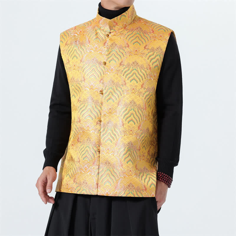 Buddha Stones Elegantes Tanktop im Herbst-Stil mit Stehkragen, Meereswellen- und Blumenmuster, Herrenweste - image 18
