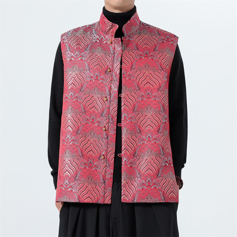 Buddha Stones Elegantes Tanktop im Herbst-Stil mit Stehkragen, Meereswellen- und Blumenmuster, Herrenweste - image 14