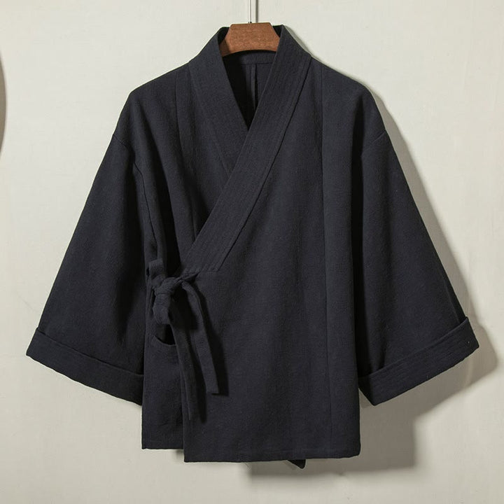 Buddha Stones Minimalistischer Kimono für Herren aus einfarbiger Baumwolle mit Kordelzug, V-Ausschnitt und Schnürung für Herbst und Winter – ideal für Herbst und Winter. - Mitternachtsblau - US/UK/AU44, EU54 (4XL) - image 0