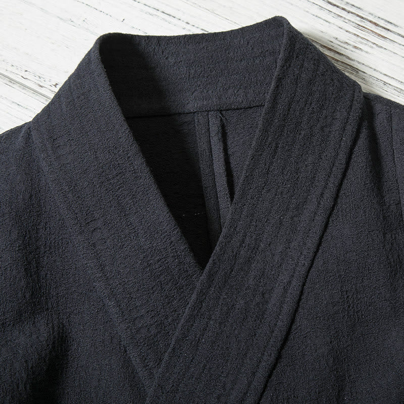 Buddha Stones Minimalistischer Kimono für Herren aus einfarbiger Baumwolle mit Kordelzug, V-Ausschnitt und Schnürung für Herbst und Winter – ideal für Herbst und Winter. - image 2