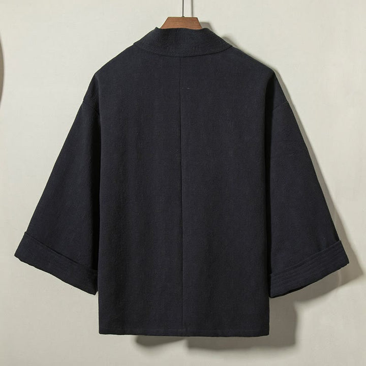 Buddha Stones Minimalistischer Kimono für Herren aus einfarbiger Baumwolle mit Kordelzug, V-Ausschnitt und Schnürung für Herbst und Winter – ideal für Herbst und Winter. - image 1