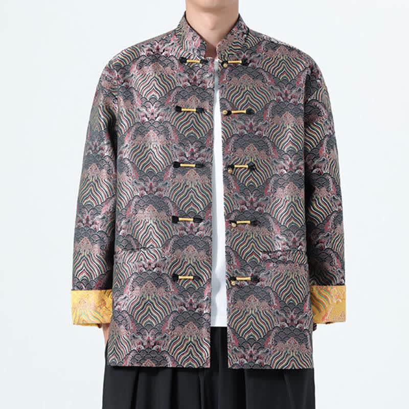 Buddha Stones Herbst/Winter Vintage Tang Style Herrenjacke aus Spandex mit Taschen, Froschknopf, abstraktem Ozeanmuster und abstraktem Tang-Knopfmuster - image 1