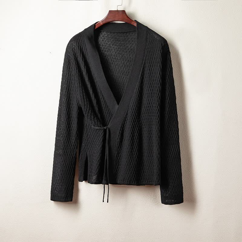 Buddha Stones Lässiger, einfarbiger Kimono für Herren mit Schnürung und V-Ausschnitt für den Frühling - Schwarz - US/UK/AU42, EU52 (3XL) - image 0