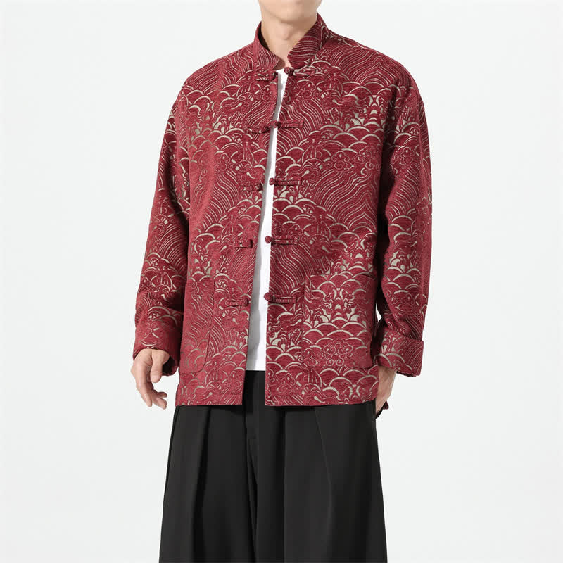 Buddha Stones Herbst/Winter Herrenjacke im Tang-Stil mit Vintage-Mandarinkragen, Froschknopfleiste, Wolkenmuster und Taschen aus Spandex - image 1