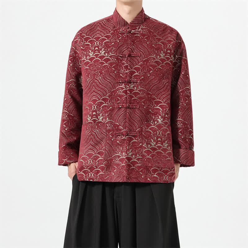 Buddha Stones Herbst/Winter Herrenjacke im Tang-Stil mit Vintage-Mandarinkragen, Froschknopfleiste, Wolkenmuster und Taschen aus Spandex - Feuerfestziegel - US/UK/AU46, EU56 (5XL) - image 0