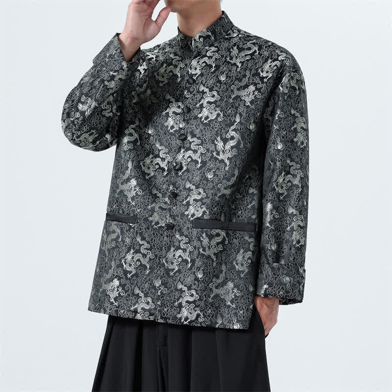 Buddha Stones Herbst/Winter Tang-Stil Elegante Herrenjacke mit Stehkragen, abstraktem Drachenmotiv und Taschen - image 1