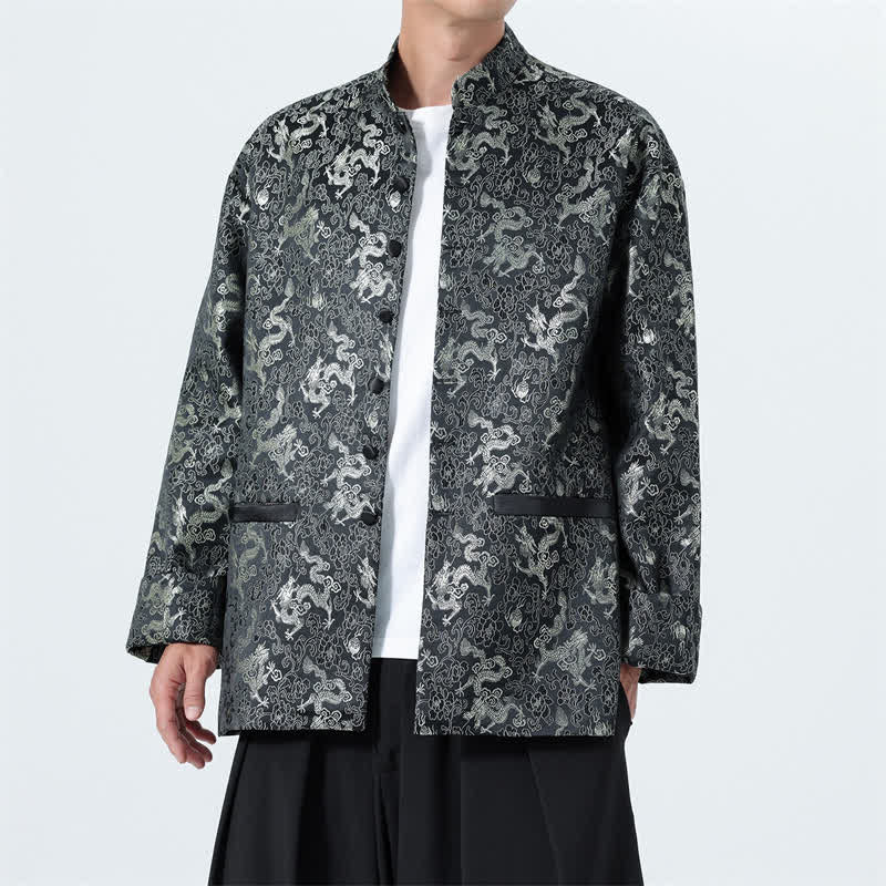 Buddha Stones Herbst/Winter Tang-Stil Elegante Herrenjacke mit Stehkragen, abstraktem Drachenmotiv und Taschen - Schwarz - US/UK/AU46, EU56 (5XL) - image 0
