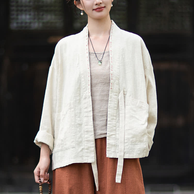 Buddha Stones Lässiger, minimalistischer Kimono aus einfarbigem Ramie für Damen mit Taschen – ideal für Frühling und Sommer - image 10