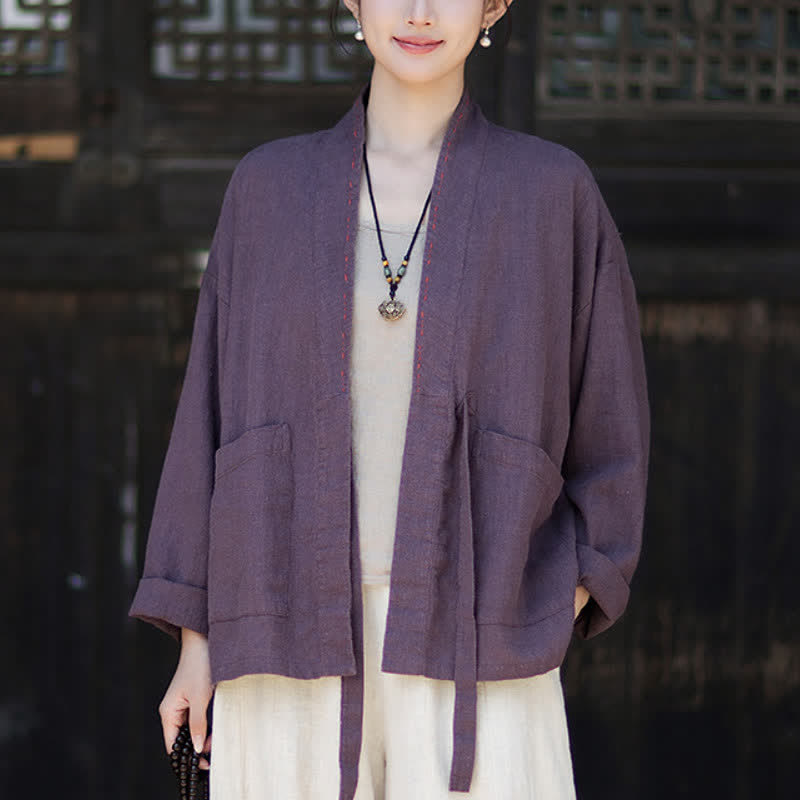 Buddha Stones Lässiger, minimalistischer Kimono aus einfarbigem Ramie für Damen mit Taschen – ideal für Frühling und Sommer - RebeccaPurple - US4-6, UK/AU8-10, EU36-38 (F) - image 0