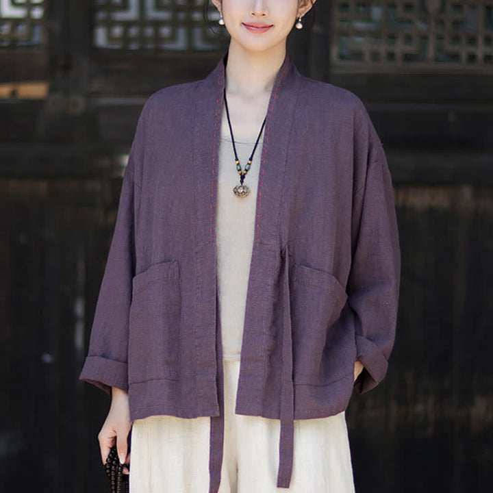 Buddha Stones Lässiger, minimalistischer Kimono aus einfarbigem Ramie für Damen mit Taschen – ideal für Frühling und Sommer - RebeccaPurple - US4-6, UK/AU8-10, EU36-38 (F) - image 0