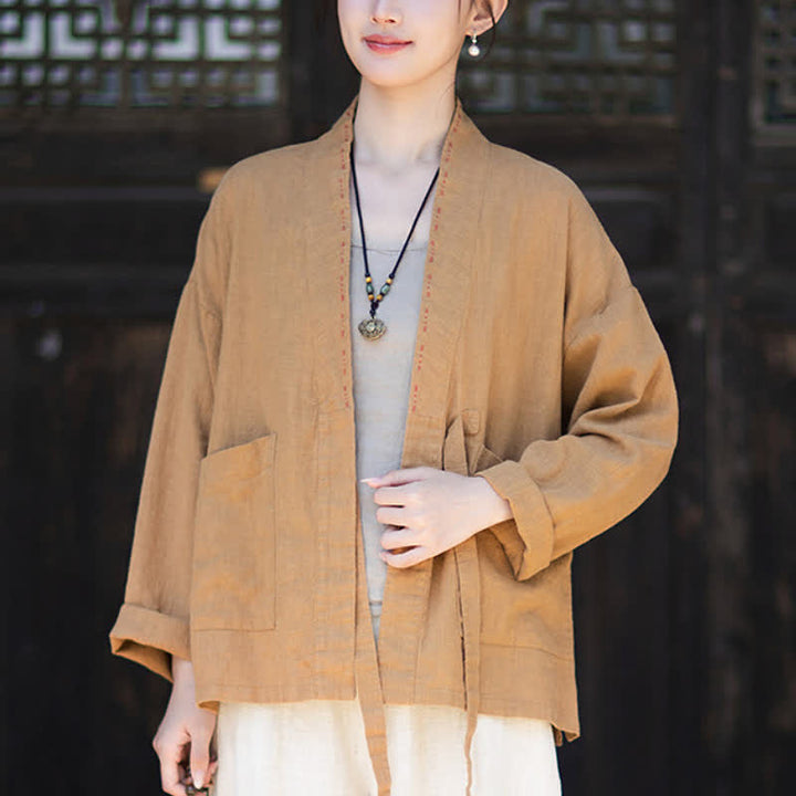 Buddha Stones Lässiger, minimalistischer Kimono aus einfarbigem Ramie für Damen mit Taschen – ideal für Frühling und Sommer - image 12