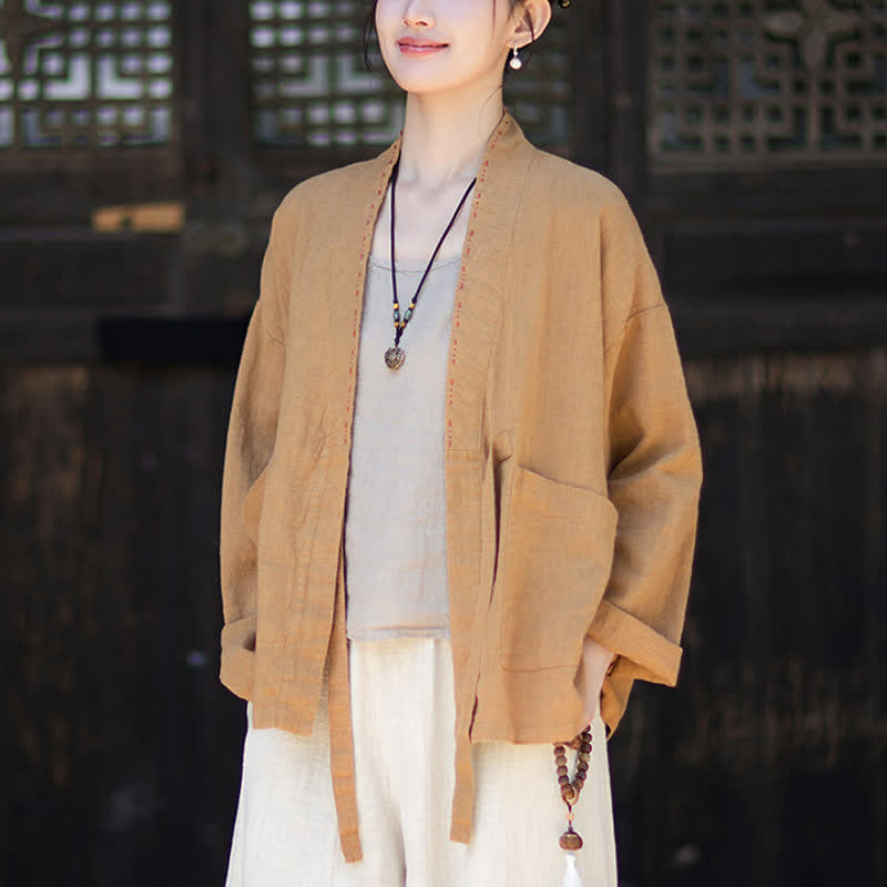 Buddha Stones Lässiger, minimalistischer Kimono aus einfarbigem Ramie für Damen mit Taschen – ideal für Frühling und Sommer - image 15
