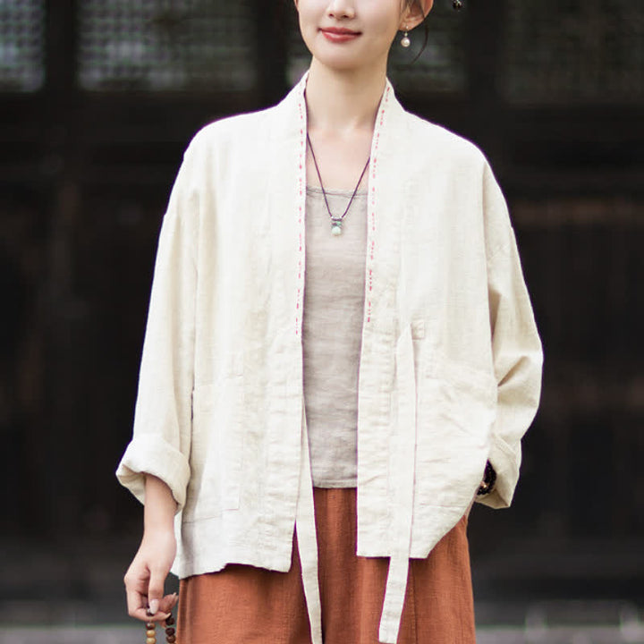Buddha Stones Lässiger, minimalistischer Kimono aus einfarbigem Ramie für Damen mit Taschen – ideal für Frühling und Sommer - Beige - US4-6, UK/AU8-10, EU36-38 (F) - image 7