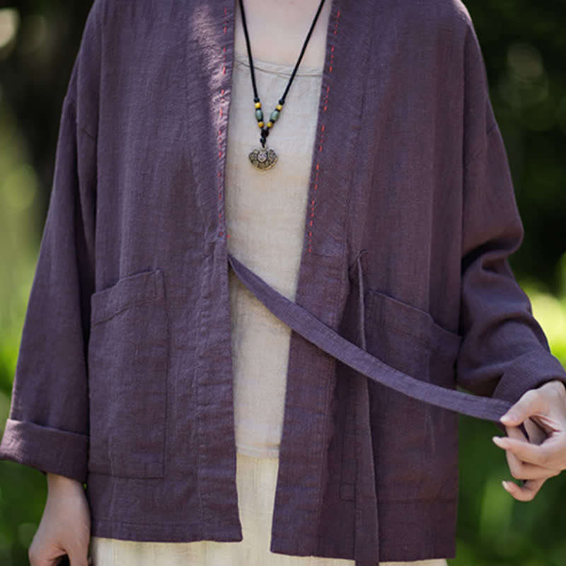 Buddha Stones Lässiger, minimalistischer Kimono aus einfarbigem Ramie für Damen mit Taschen – ideal für Frühling und Sommer - image 6