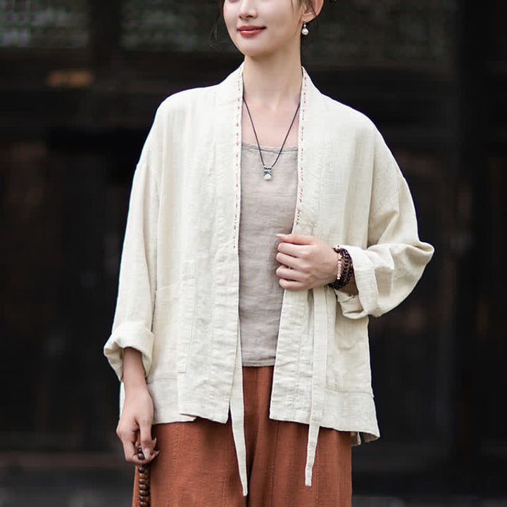 Buddha Stones Lässiger, minimalistischer Kimono aus einfarbigem Ramie für Damen mit Taschen – ideal für Frühling und Sommer - image 8