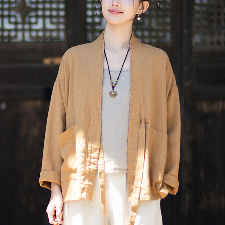 Buddha Stones Lässiger, minimalistischer Kimono aus einfarbigem Ramie für Damen mit Taschen – ideal für Frühling und Sommer - image 16