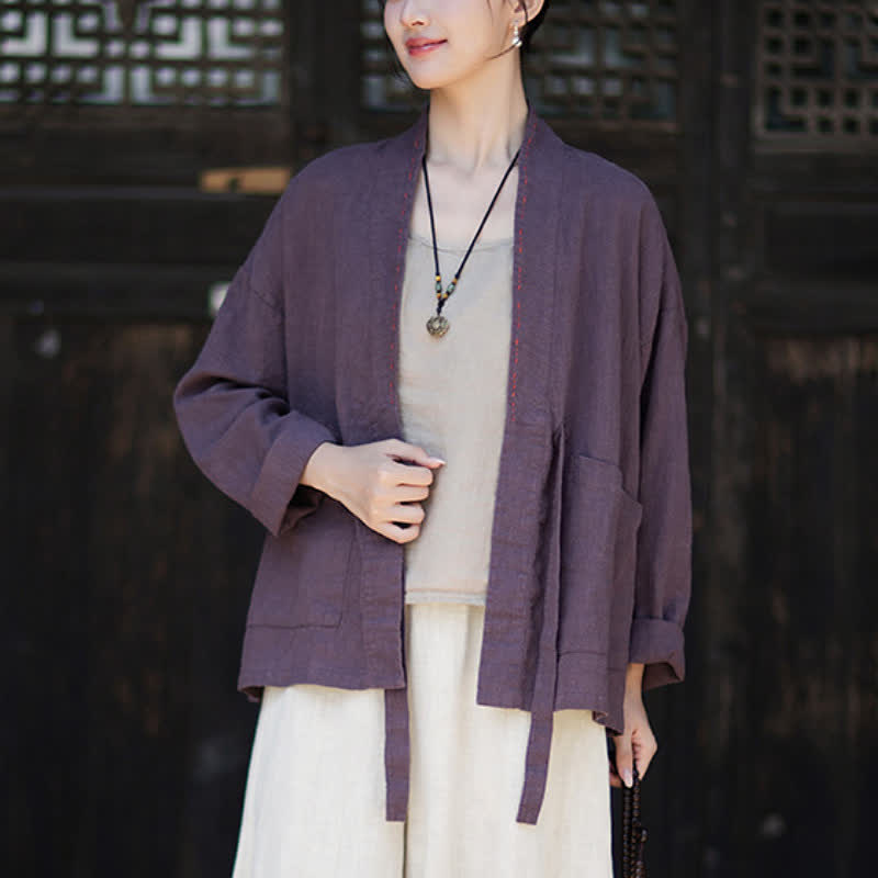 Buddha Stones Lässiger, minimalistischer Kimono aus einfarbigem Ramie für Damen mit Taschen – ideal für Frühling und Sommer - image 1
