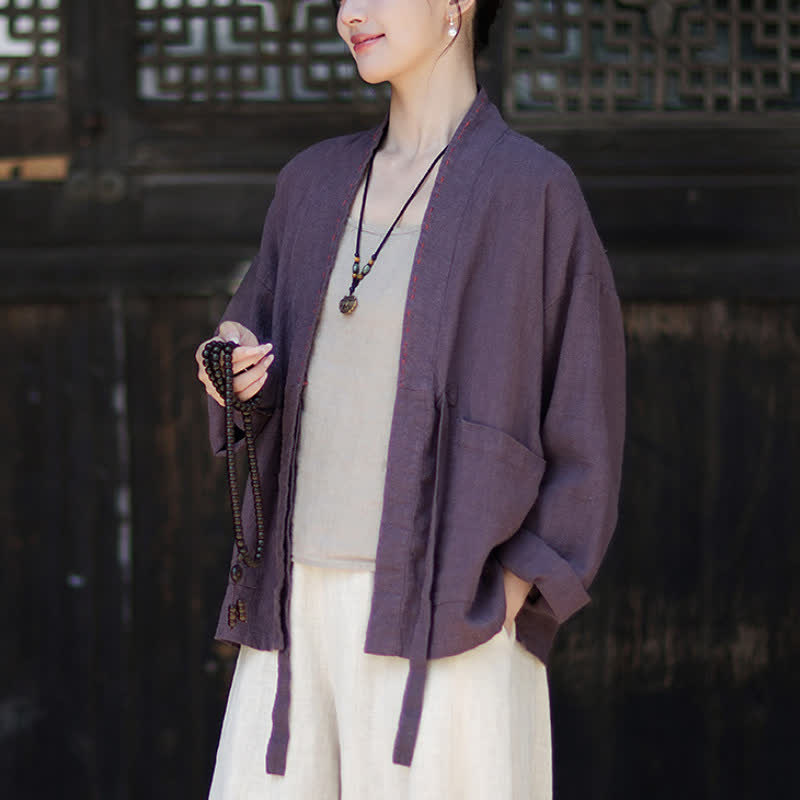 Buddha Stones Lässiger, minimalistischer Kimono aus einfarbigem Ramie für Damen mit Taschen – ideal für Frühling und Sommer - image 3