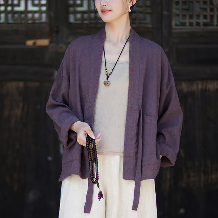 Buddha Stones Lässiger, minimalistischer Kimono aus einfarbigem Ramie für Damen mit Taschen – ideal für Frühling und Sommer - image 2