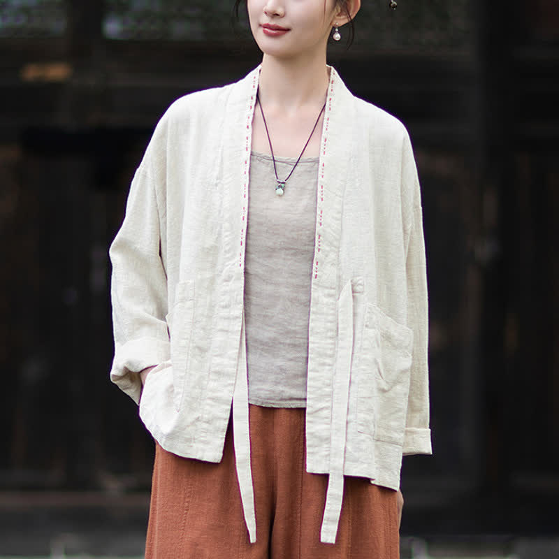 Buddha Stones Lässiger, minimalistischer Kimono aus einfarbigem Ramie für Damen mit Taschen – ideal für Frühling und Sommer - image 9