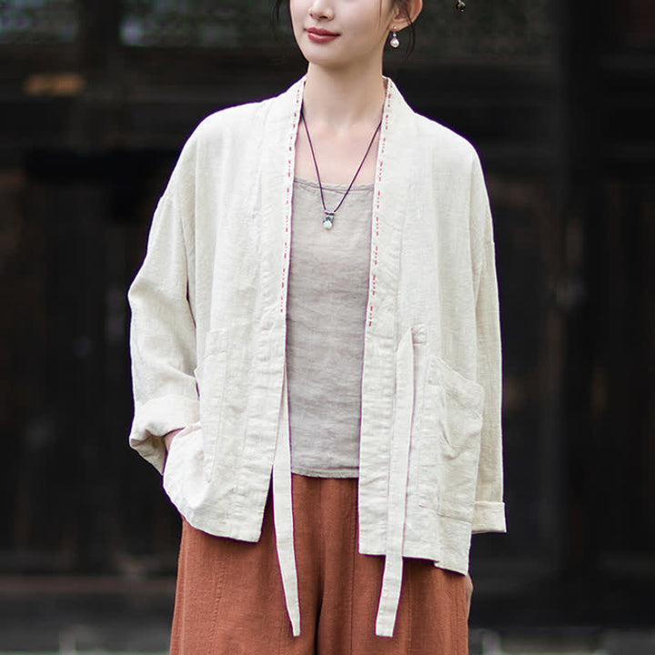 Buddha Stones Lässiger, minimalistischer Kimono aus einfarbigem Ramie für Damen mit Taschen – ideal für Frühling und Sommer - image 9