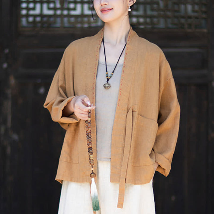 Buddha Stones Lässiger, minimalistischer Kimono aus einfarbigem Ramie für Damen mit Taschen – ideal für Frühling und Sommer - image 14