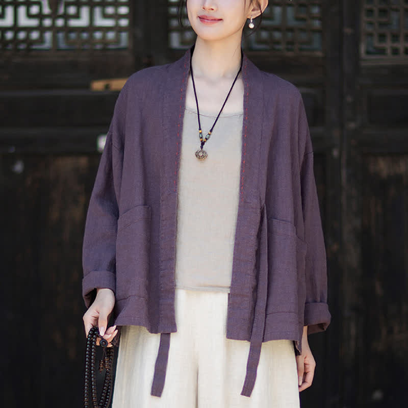 Buddha Stones Lässiger, minimalistischer Kimono aus einfarbigem Ramie für Damen mit Taschen – ideal für Frühling und Sommer - image 4