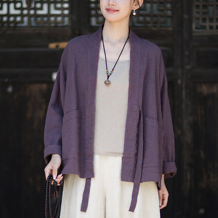 Buddha Stones Lässiger, minimalistischer Kimono aus einfarbigem Ramie für Damen mit Taschen – ideal für Frühling und Sommer - image 4