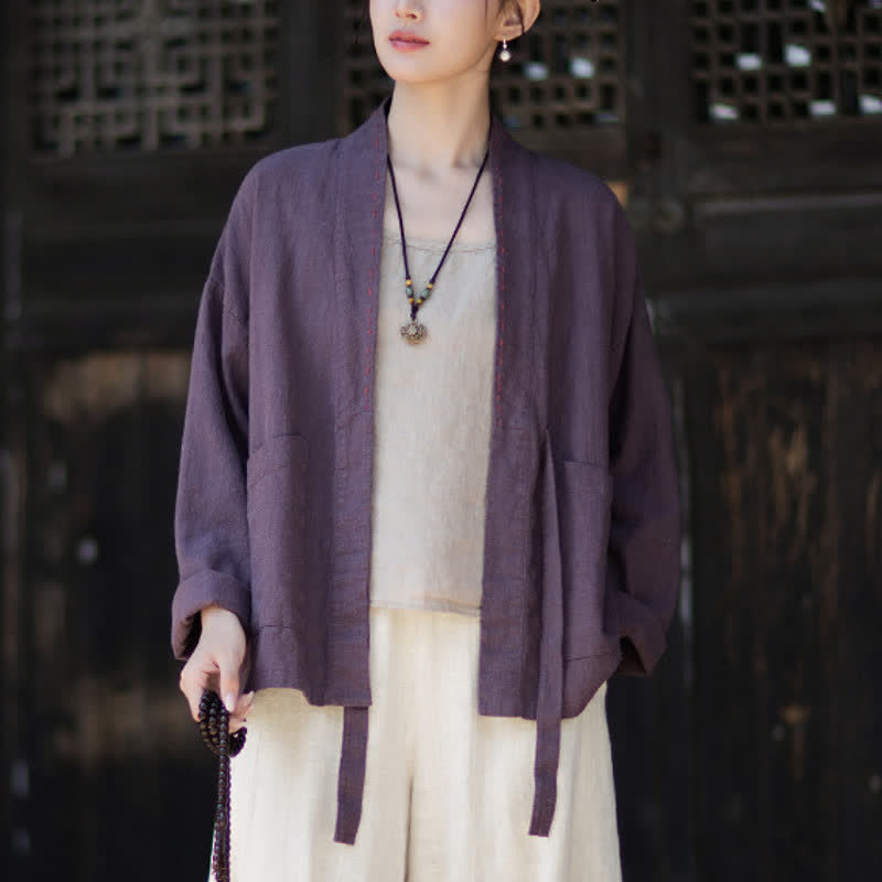 Buddha Stones Lässiger, minimalistischer Kimono aus einfarbigem Ramie für Damen mit Taschen – ideal für Frühling und Sommer - image 5