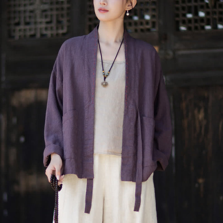 Buddha Stones Lässiger, minimalistischer Kimono aus einfarbigem Ramie für Damen mit Taschen – ideal für Frühling und Sommer - image 5
