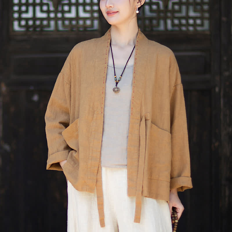 Buddha Stones Lässiger, minimalistischer Kimono aus einfarbigem Ramie für Damen mit Taschen – ideal für Frühling und Sommer - image 11