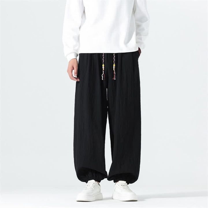 Buddha Stones Lässige, minimalistische Herren-Ankle-Hose aus einfarbigem Baumwollstoff mit Kordelzug und Taschen für Frühling und Sommer - Schwarz - US/UK/AU46, EU56 (5XL) - image 8