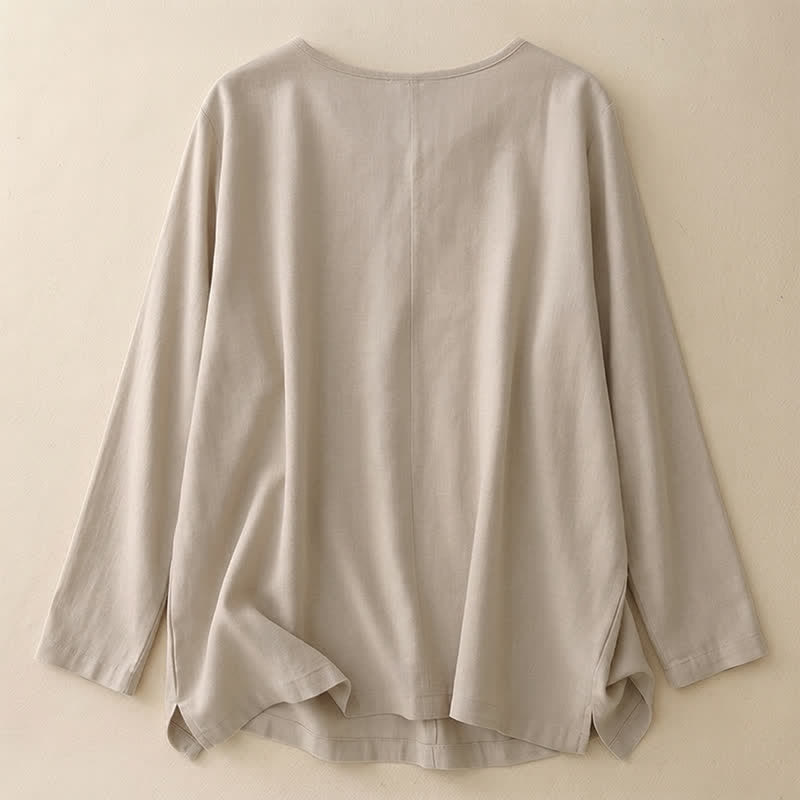 Buddha Stones Lässiges, schlichtes Langarm-T-Shirt für Damen aus Baumwolle mit Rundhalsausschnitt für Frühling und Herbst - image 1