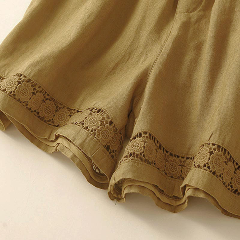 Buddha Stones Damen-Shorts aus Baumwolle mit einfarbiger Unterseite, hohlem Spitzendesign und Schnürung und Taschen - image 53