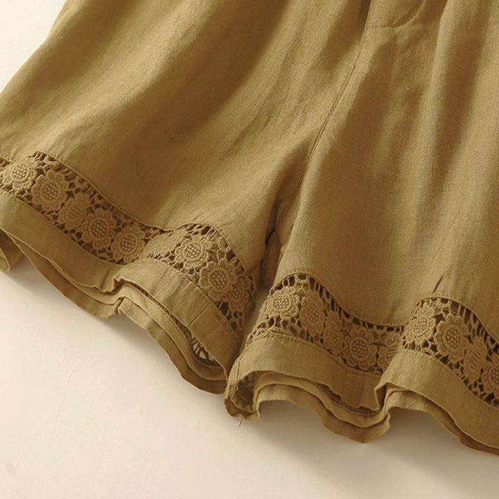 Buddha Stones Damen-Shorts aus Baumwolle mit einfarbiger Unterseite, hohlem Spitzendesign und Schnürung und Taschen - image 53