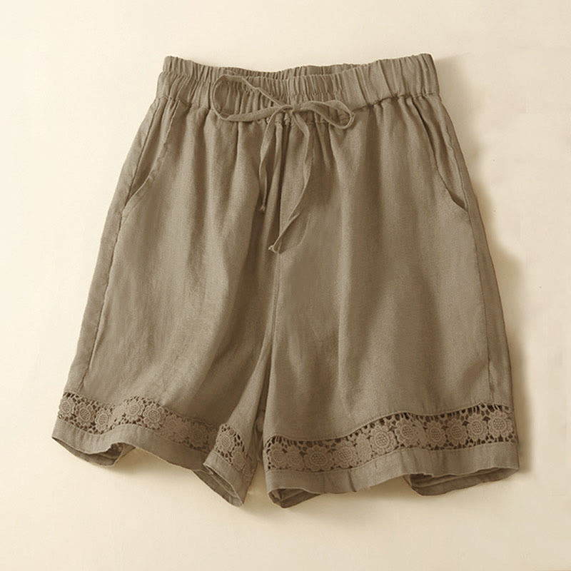 Buddha Stones Damen-Shorts aus Baumwolle mit einfarbiger Unterseite, hohlem Spitzendesign und Schnürung und Taschen - Olive - US12, UK/AU16, EU44 (3XL) - image 9