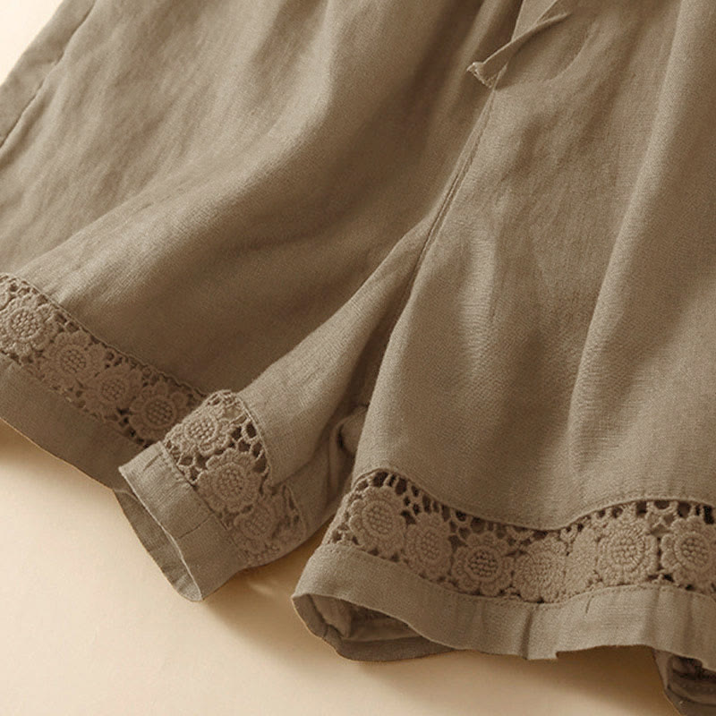 Buddha Stones Damen-Shorts aus Baumwolle mit einfarbiger Unterseite, hohlem Spitzendesign und Schnürung und Taschen - image 13