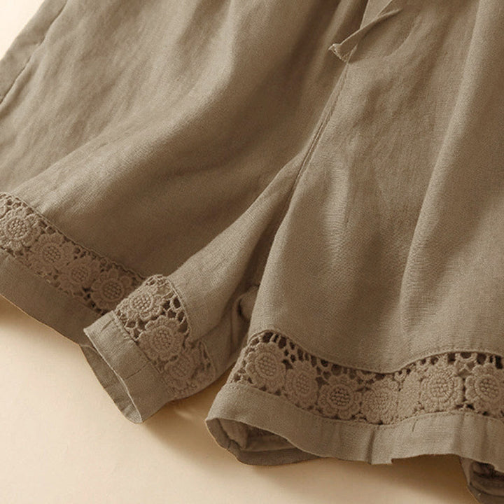 Buddha Stones Damen-Shorts aus Baumwolle mit einfarbiger Unterseite, hohlem Spitzendesign und Schnürung und Taschen - image 13