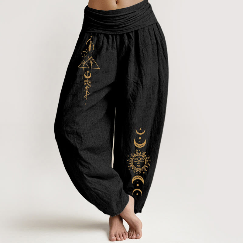 Buddha Stones Damen-Haremshose aus reiner Baumwolle mit schlichtem geometrischem Sonnen- und Mondmuster sowie elastischem Bund - Schwarz - US16, UK/AU20, EU48 (3XL) - image 0
