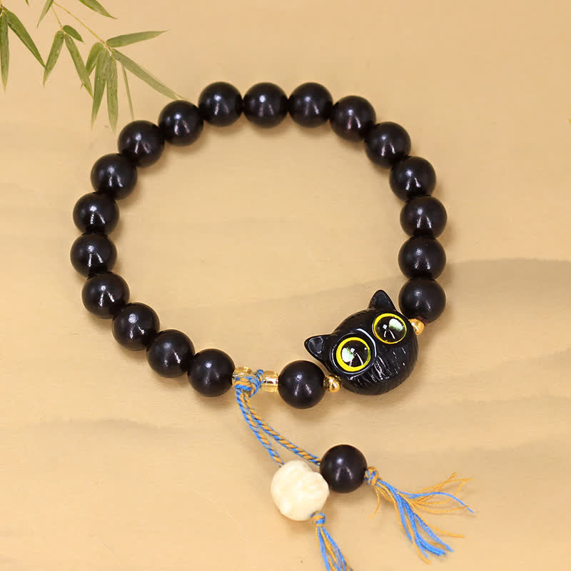 Buddha Stones Armband mit Katzenanhänger aus Ebenholz, geflochten, rund, Balance - image 1