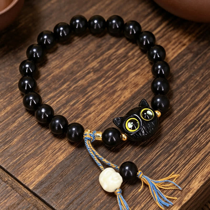 Buddha Stones Armband mit Katzenanhänger aus Ebenholz, geflochten, rund, Balance - Ebenholz (Balance ♥ Ruhe) - image 0