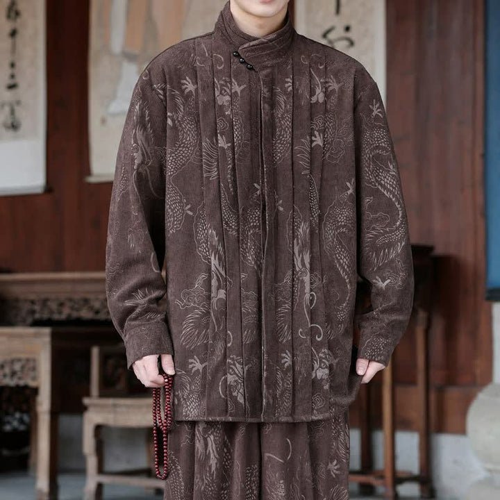 Buddha Stones Herbst/Winter Lässige Herrenjacken im Tang-Stil mit Stehkragen und abstraktem Cordmuster - Sattelbraun - US/UK/AU46, EU56 (5XL) - image 0