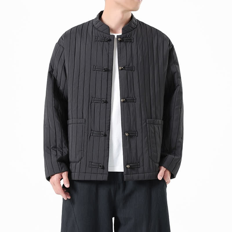 Buddha Stones Lässige Herrenjacke im Tang-Stil mit Froschknopfleiste und Tasche für Herbst und Winter - Schwarz - US/UK/AU46, EU56 (5XL) - image 6