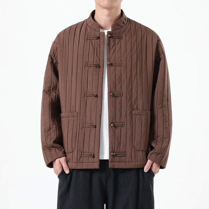 Buddha Stones Lässige Herrenjacke im Tang-Stil mit Froschknopfleiste und Tasche für Herbst und Winter - Sattelbraun - US/UK/AU46, EU56 (5XL) - image 0