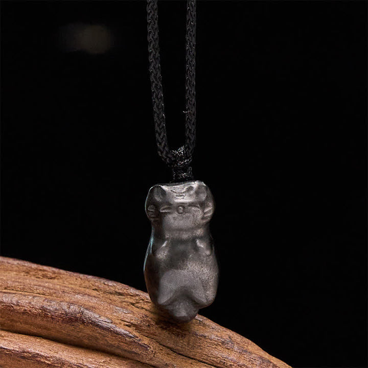 Buddha Stones Silberglänzender Obsidian-Katzenanhänger mit geflochtener Kordel als Erdungskette - Silberglänzender Obsidian (Erdung ♥ Intuition) - image 0