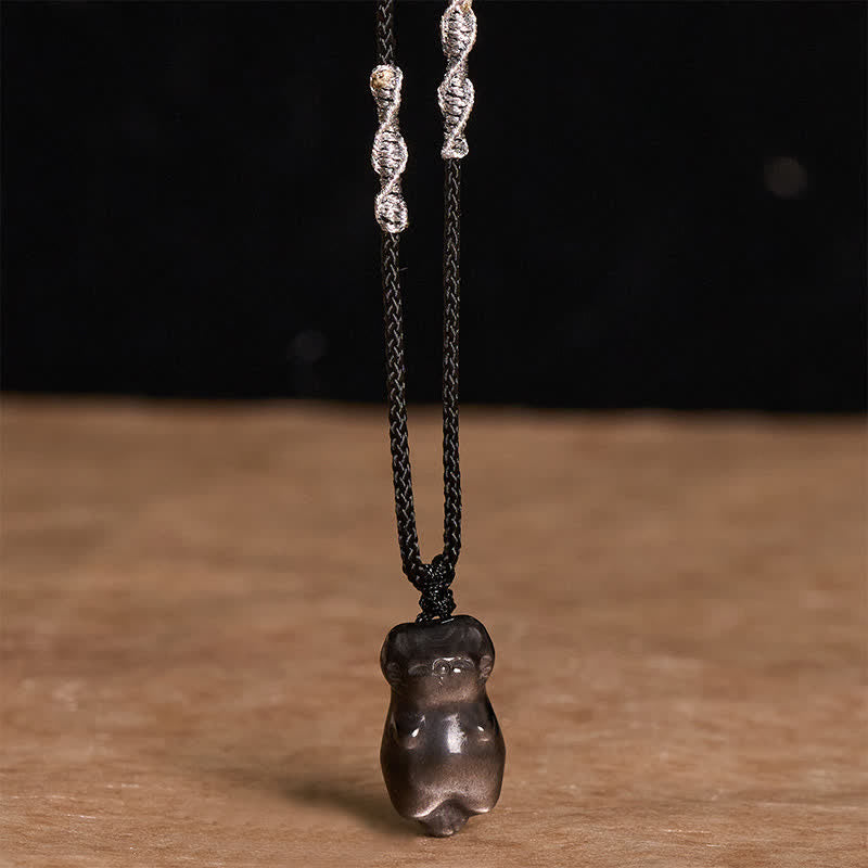Buddha Stones Silberglänzender Obsidian-Katzenanhänger mit geflochtener Kordel als Erdungskette - image 2